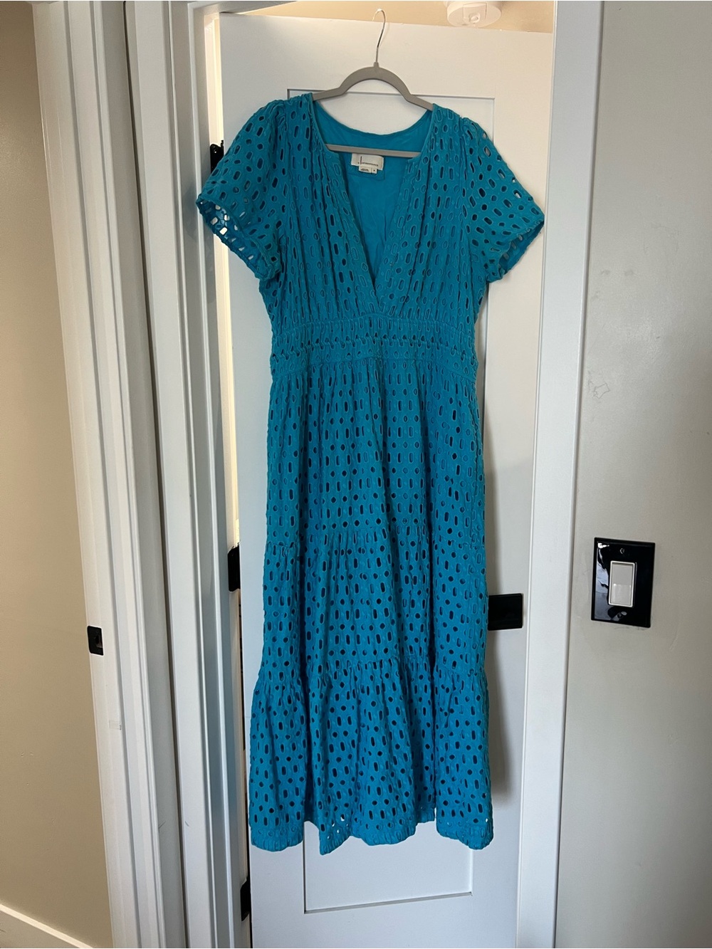 Anthropologie Teal Eyelet V-Neck Midi Dress
